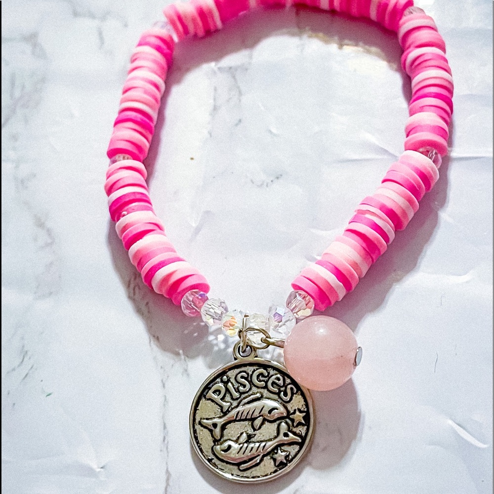 Pisces Zodiac Pink Clay Bead Charm Bracelet